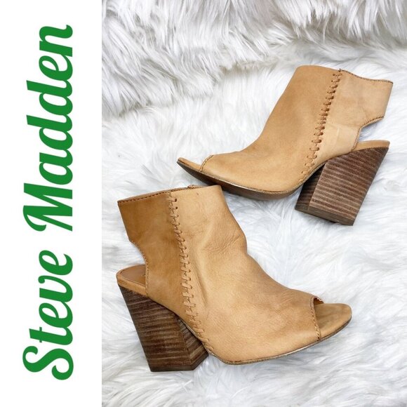 STEVE MADDEN MINGLE TAN LEATHER OPEN TOE OPEN HEEL BLOCK HEEL BOOTIE, SIZE 8 - Picture 1 of 13